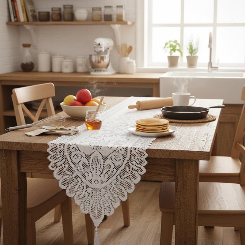 mookaitedecor Lace Table Runner for Wedding Party Coffee Table Decor White, 13 x 54 Inch - Image 4